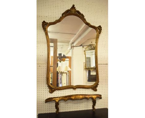 WALL MIRROR AND CONSOLE SHELF, Louis XV style giltwood framed mirror, 99cm H x 69cm W, shelf 17cm H x 62cm W x 14cm D. (2) 