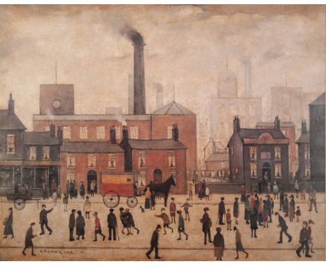 L.S. LOWRY (1887 - 1976) COLOUR PRINT REPRODUCTION Industrial town scene, the foreground busy with figures and a horse-drawn 