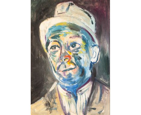 •LAWRENCE ISHERWOOD (1917 - 1989) OIL PAINTING ON BOARD Bust portrait of a miner Signed 21" x 14 1/2" (52.5 x 37cm)