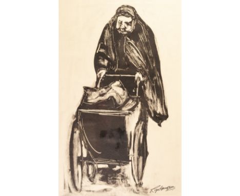 •ROGER HAMPSON (1925 - 1996) MONO PRINT Old woman pushing a pram Signed lower right 19" x 12" (48.2 x 30.5cm