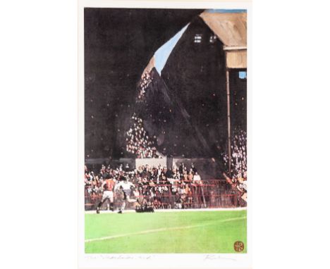 •HAROLD RILEY (1934) ARTIST SIGNED COLOUR PRINT 'The Manchester End', Manchester United football match Signed and titled in p