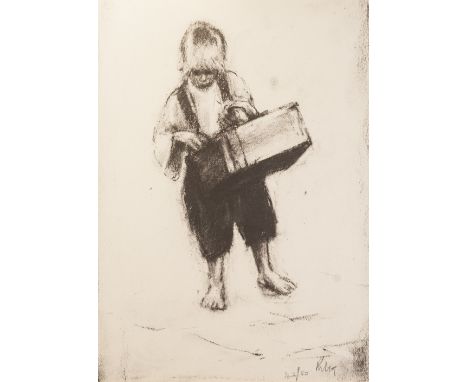 •HAROLD RILEY (1934) ARTIST SIGNED LIMITED EDITION PRINT OF A CHARCOAL DRAWING Barefoot boy with a bread basket Signed and nu