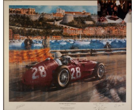 JUAN CARLOS ARTIST SIGNED LIMITED EDITION COLOUR PRINT 'Victory for Moss in Monaco' Signed by the artist and by Stirling Moss