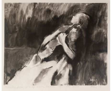 •HAROLD RILEY (1934) ARTIST SIGNED MONOCHROME PRINT 'Jacqueline du Pre at her last concert in Manchester- Elgar's Cello Conce