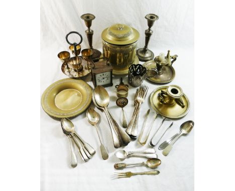 A quantity of 19th century and later silver plate including a 4-piece egg cruet, a pair of  neo-classical style candlesticks,