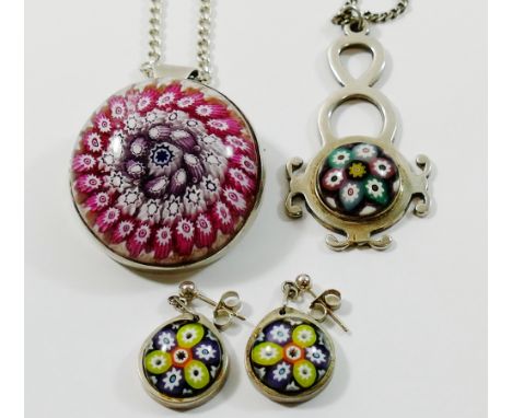 A silver mounted Paul Ysart Caithness glass pendant with single millefiori 'stone', Edinburgh 1971, 4.8cm long and a similar 