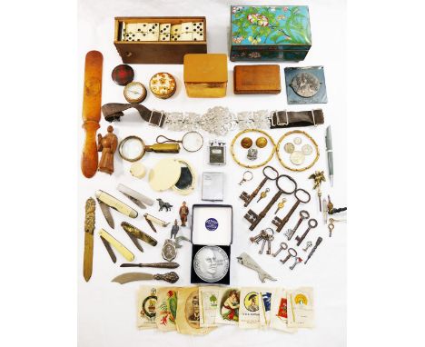 Assorted miscellaneous items including a Tartan Ware 'Caledonian' compass, a Coty compact with Lalique design, a cloisonne bo