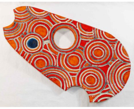 Jade Graham (20th/21st Century British)+A red and orange glazed pottery 'aboriginal' dish, signed beneath, 50cm longThis lot 
