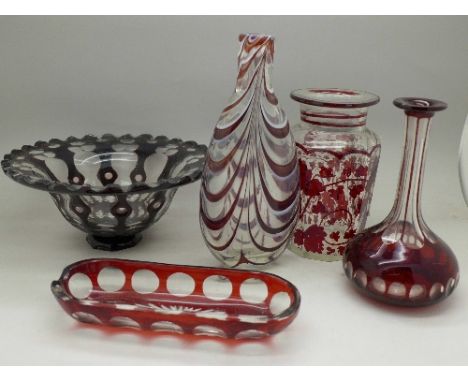 Five items of Bohemian ruby glass, bottle a/f, no stoppers