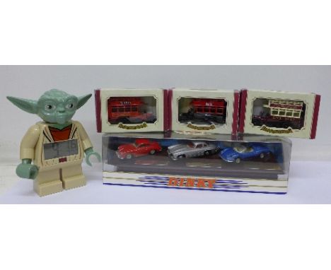 Model vehicles; Dinky Classic Sports Cars, three Oxford die-cast and a Lego Star Wars alarm clock, (5)