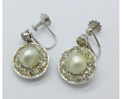 A pair of 18ct white gold, diamond and baroque pearl earrings, 5g, diameter 13mm