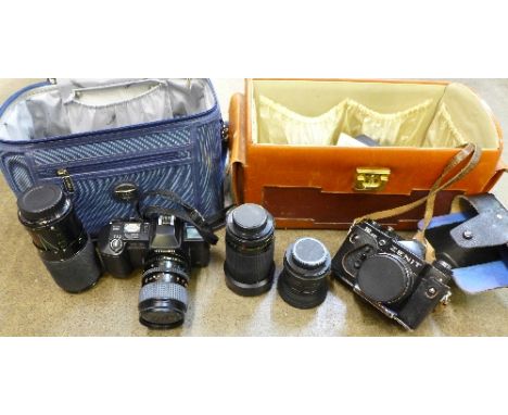 A Zenit camera and lenses and a Chinon camera and lens, both cased