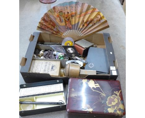 A lacquered workbox, a miniature portrait in an ebonised frame, a student's microscope, a tripod, a set of Victorian miniatur