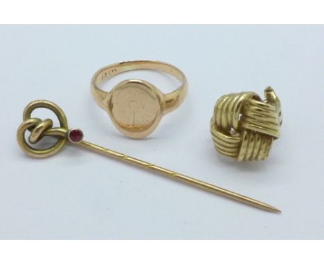 Three 9ct gold items:- a ring, a stick pin and one earring, 7.2g