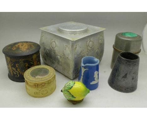 A Svenskt Tenn Stockholm lidded pewter pot set with malachite, a Limoge trinket pot, a papier mache box, a metal conical shap
