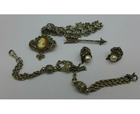 An Albertina chain, a 925 silver and marcasite arrow brooch, etc.