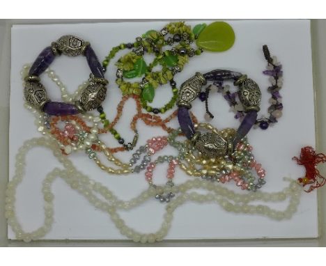 Gemstone jewellery including amethyst, quartz, coral, pearl and peridot
