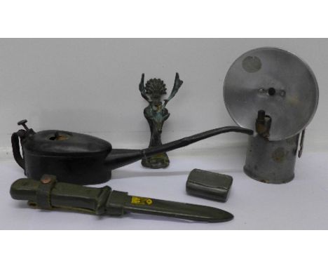 A dagger, an early 19th Century pewter snuff box, a door knocker, a lamp and an oil can