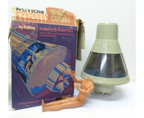 A late 1960's Palitoy Action Man Space Capsule, boxed, and a part Action Man figure, a/f