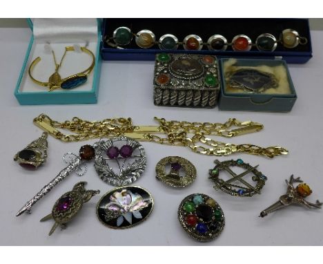Costume jewellery including two Scottish brooches, Miracle and Mizpah, a Christian Dior necklace, a swivel fob, etc.