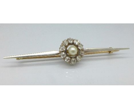 A yellow metal bar brooch set with circular diamond and seed pearl mount, 4.3g
