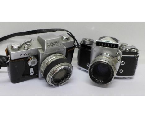 An Exacta Varex 11b film camera and a Hanimex Topcon film camera