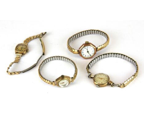 Four vintage 9ct gold cased ladies wristwatches, all on gold plated straps.