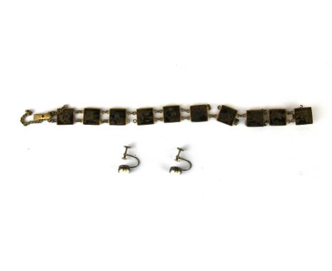 A Japanese 1920's gilt metal bracelet and a pair of 9ct gold screw mounted opal earrings.
