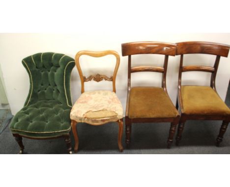A 19th Century upholstered button back nursing chair together with a pair of Regency dining chairs and a Victorian dining cha