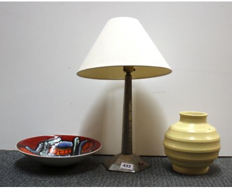 An unusual celluloid covered wooden table lamp base, resembling mother of pearl with a Poole pottery bowl and a Wedgwood vase