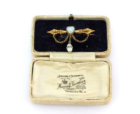 A boxed yellow metal opal set brooch, L. 4.5cm.