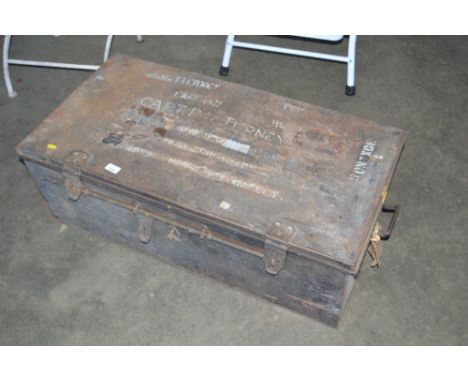 A metal storage trunk