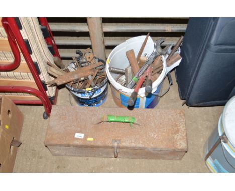 A metal tool box and contents of large spanners; and two plastic buckets of various hand tools 