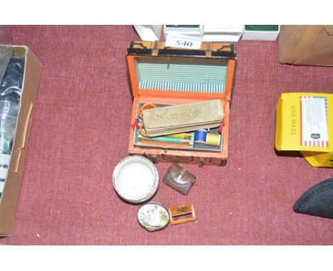 A box in the form of miniature trunk; and contents of various sewing items; a 19th Century patch box; a Common prayer book et