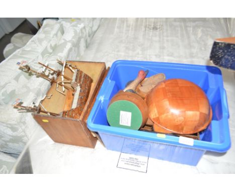 Two boxes of various wooden items; including a model boat; a Solitaire boards, Cribbage boards; and Dominoes etc