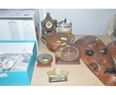 A leather mounted barometer; mantel clock   AF; a grinder etc