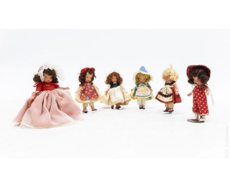 (6) Vintage Nancy Ann storybook dolls with jointed limbs and pudgy tummy, with boxes.