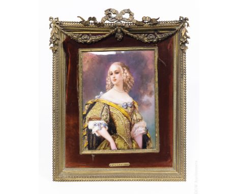 French enameled hand painted portrait plaque, Mademoiselle de Lavallier, signed lower right, P. Leroy. In a gilt metal floral