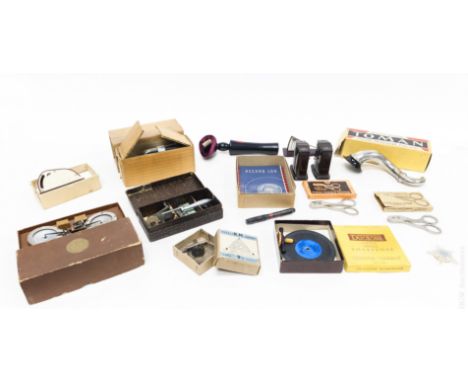 Group of vintage gramophone accessories incl. needle sharpeners, needle dispensers, Cheney reproducers, portable phonograph t