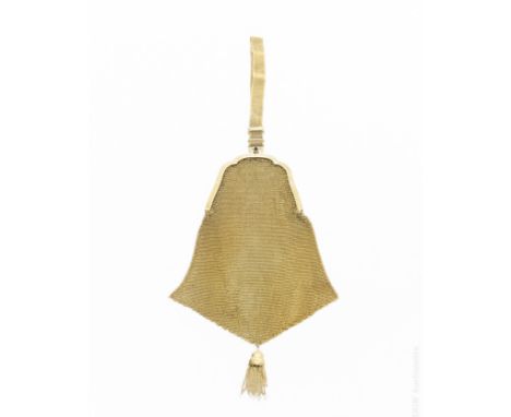 Vintage yellow gold mesh evening bag, with floral chased frame stamped 14k at inner hinge and sapphire cabochon studded clasp
