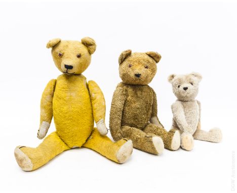 (3) Vintage mohair r squeaker teddy bears. (Largest: approx. 24" tall).