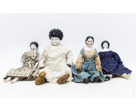 (4) Vintage porcelain head dolls with cloth bodies. (Largest: approx. 21" tall).