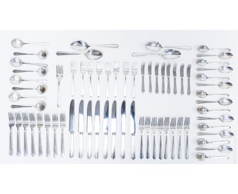 Sterling silver flatware service, 69 pieces. Monarch's head over 'W' mark. (8 each of dinner forks, dinner knives, luncheon f