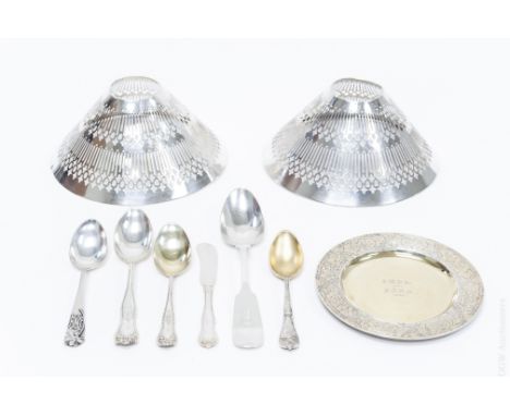 Group of assorted sterling silver items comprising: 2 Shreve & Co. pierced lamp shades (6.31 ozt the pair),  Gorham vermeil s