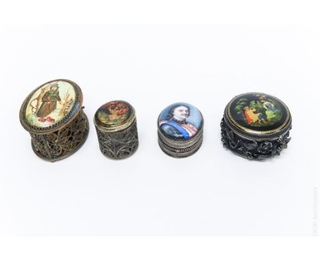 (4) Russian miniature filigree boxes with hand painted lids. (2) Palekh boxes depicting Firebird and Courtship, Fedoskino box