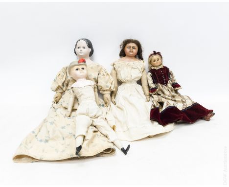 (4) Vintage folk art dolls. (2 wax head and 2 plastic head).  (Largest: 26" tall).