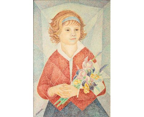 MAREVNA (1892-1984) 'Girl with Irises' A cubism and pointillism portrait of a young girl holding a bouquet, signed and dated 