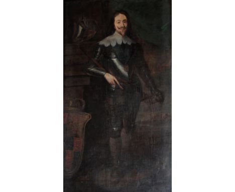 MANNER OF GEORGE JAMIESON A portrait of King Charles I standing full-length in armour, the Royal Arms on a shield to the Mona