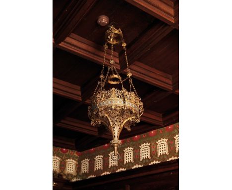 A "GOTHICK" STYLE GILT BRASS HANGING LANTERN, 19th century, in the manner of A W N Pugin and probably made by John Hardman an