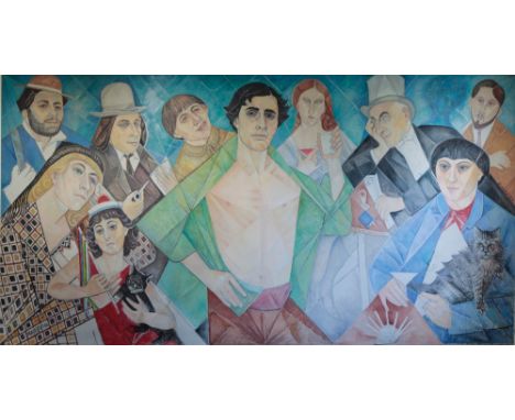 MAREVNA (1892-1984) 'The Friends of Montparnasse' cubist group portrait, signed and dated 1961, oil on canvas, 63.25" x 120.5
